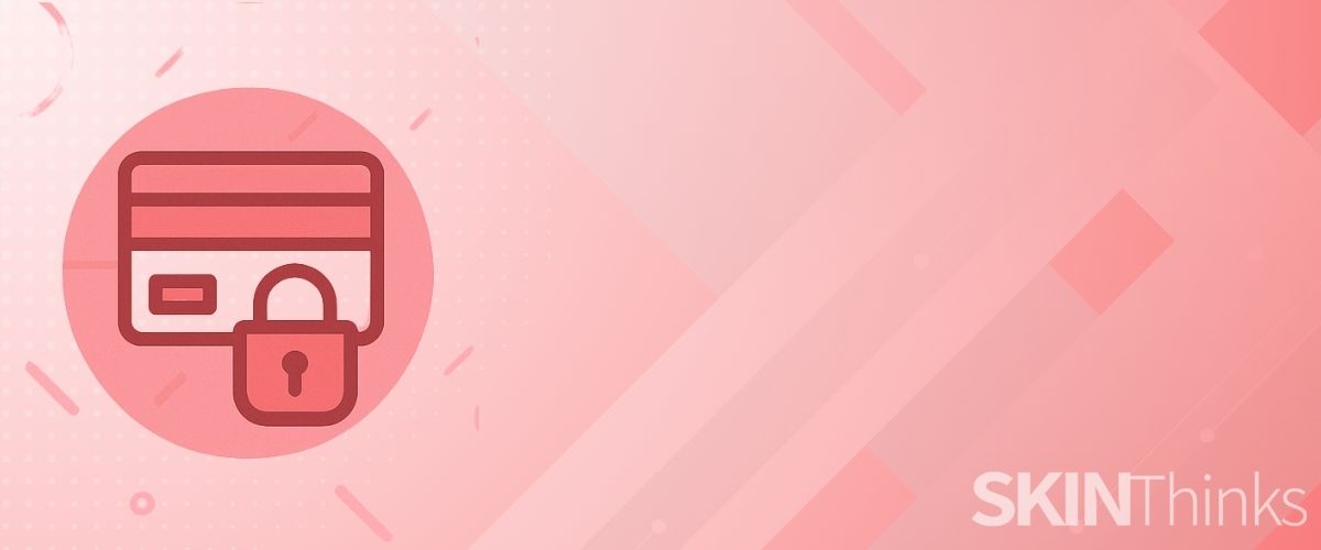 Ilustración minimalista de pago seguro: tarjeta, escudo y banco